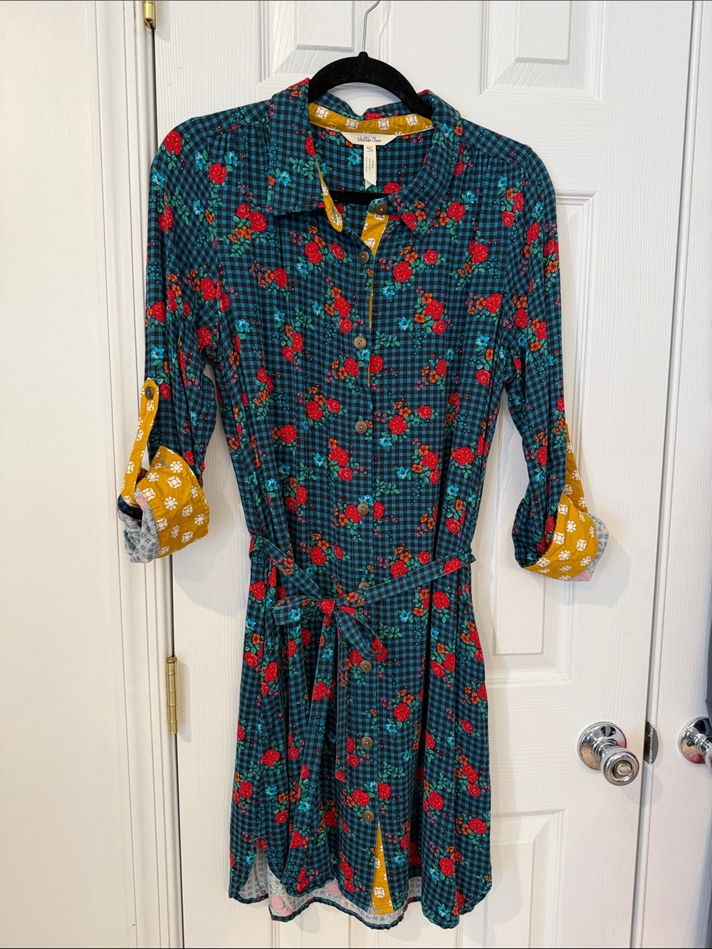 Matilda Jane Women’s Fa La La Floral Teal Button-Front Shirt Dress